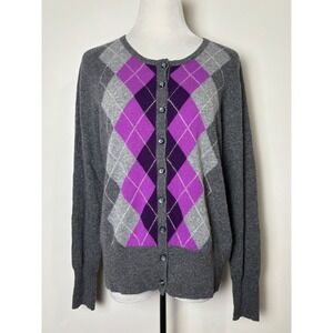 APT 9‎ Womens Cashmere Argyle Cardigan Sweater L Preppy Purple Academia Classic